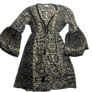 Unbranded S Boho Art Fit N Flare Western Paisley Flare Sleeve Dress Black Indian